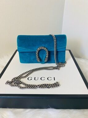 Gucci Dionysus Super Mini Teal Suede bag with Original Hardware.  Authentic.